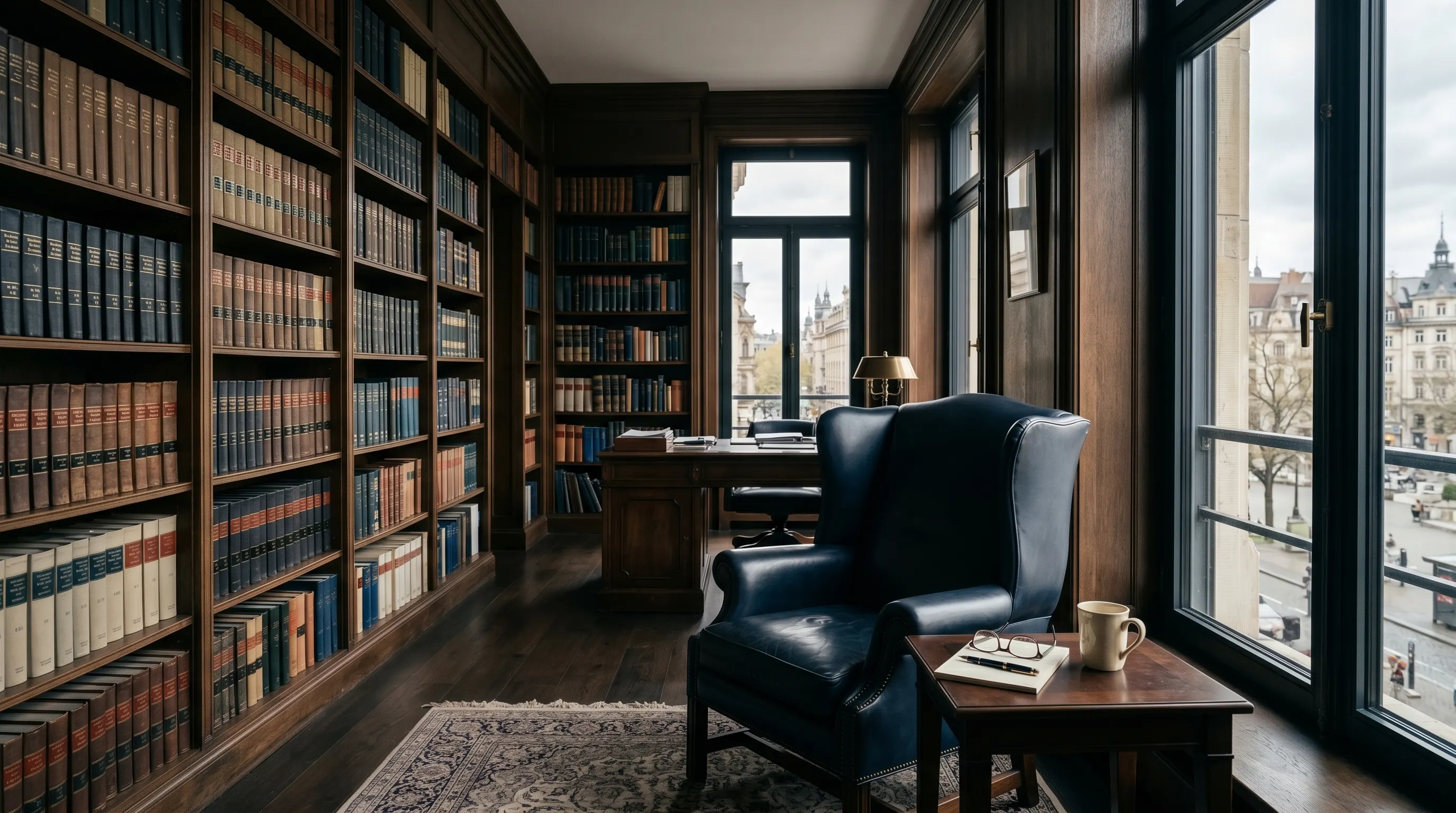 Dignified attorney's library with floor-to-ceiling law treatises, a navy leather wingback chair, and natural window light.
