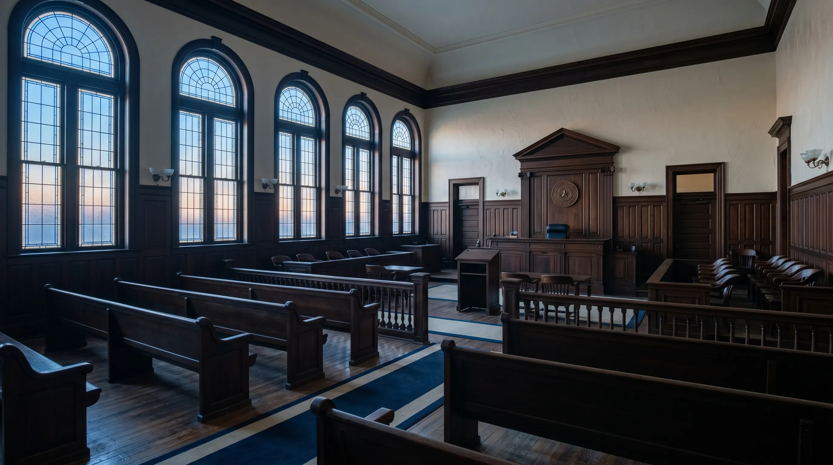 Editorial photograph evoking assault & domestic violence in a Texas courthouse context.