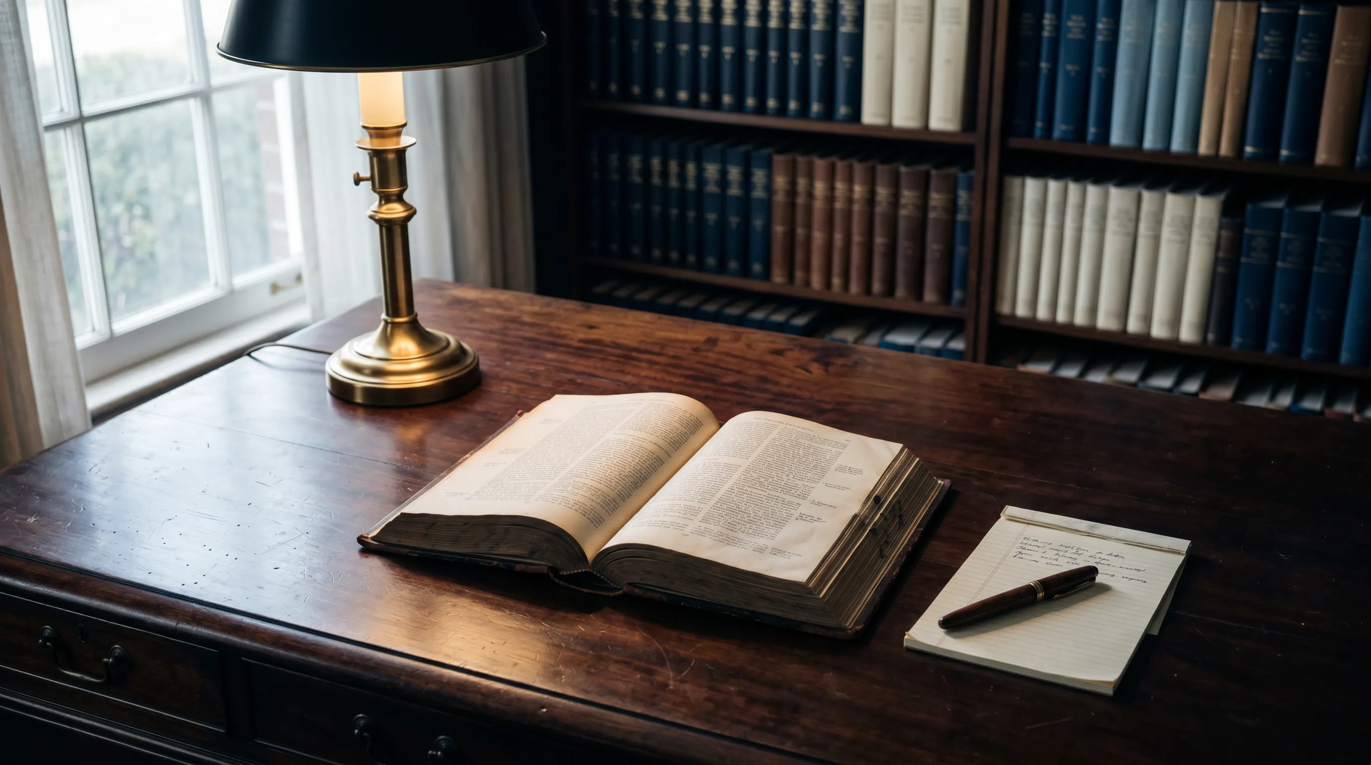 Open law book on a polished dark wood desk with a brass lamp and fountain pen, editorial field-notes still life.