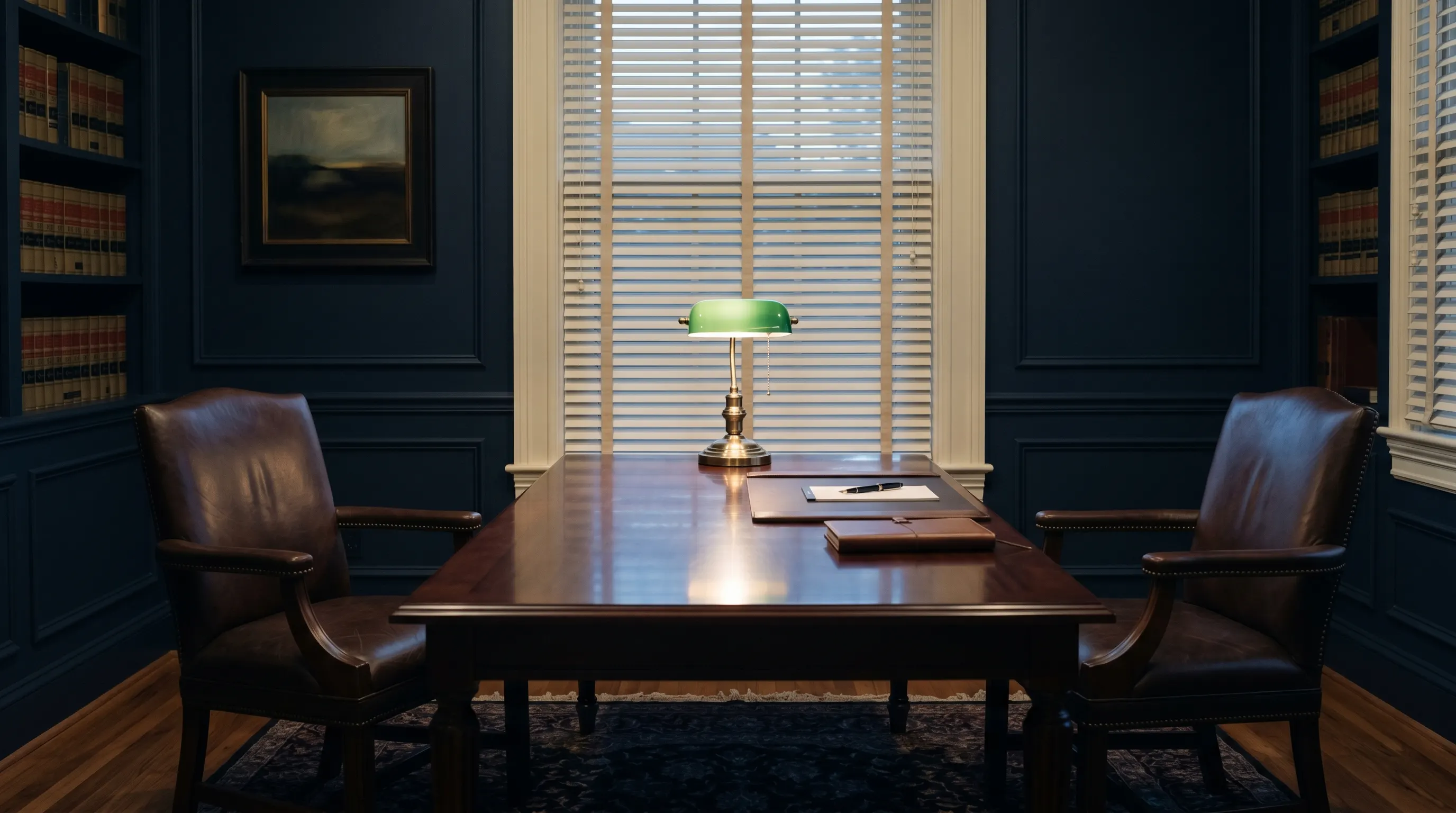 Quiet attorney consultation room with two leather chairs across a polished dark wood table and a brass desk lamp, editorial interior still life.