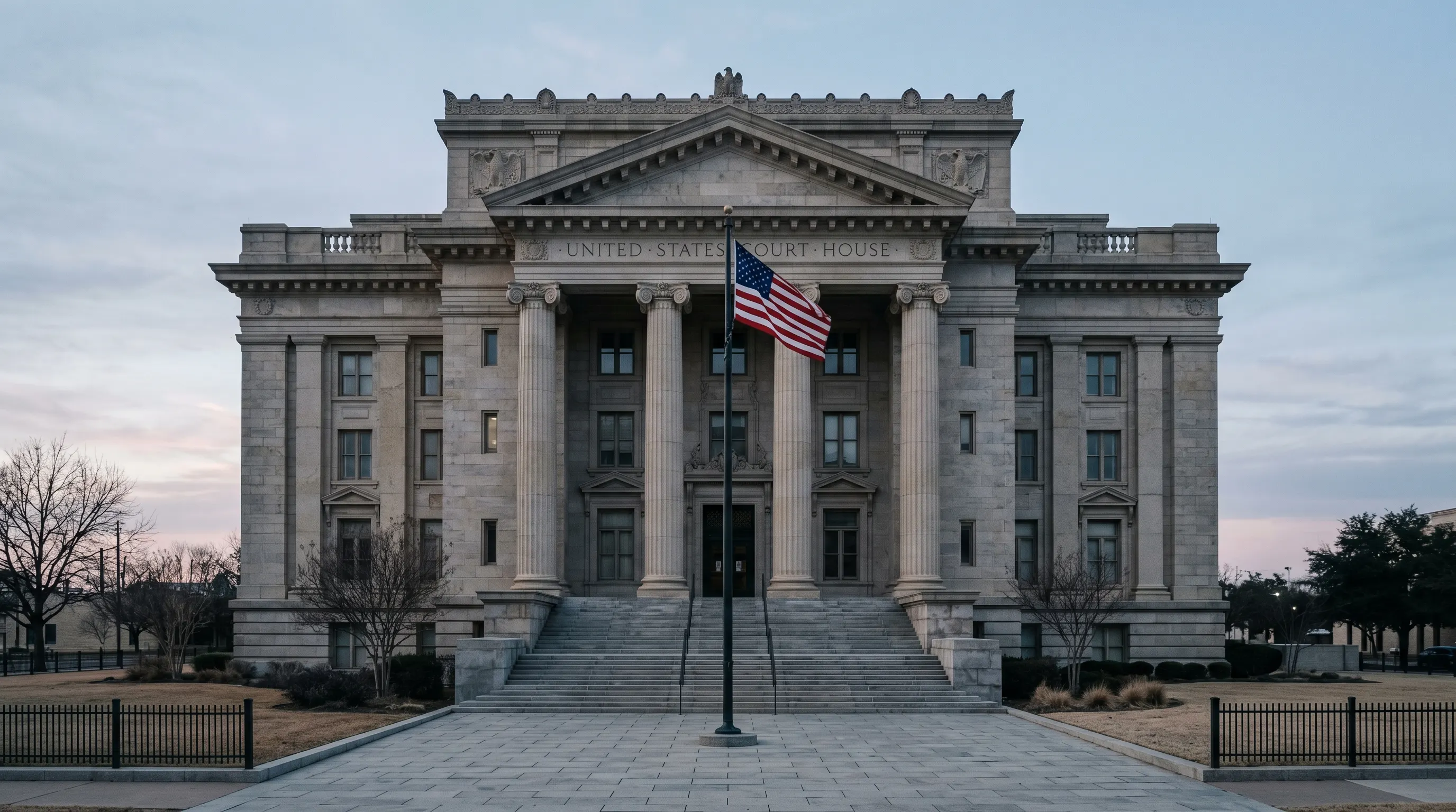 Editorial photograph evoking federal criminal defense in a Texas courthouse context.