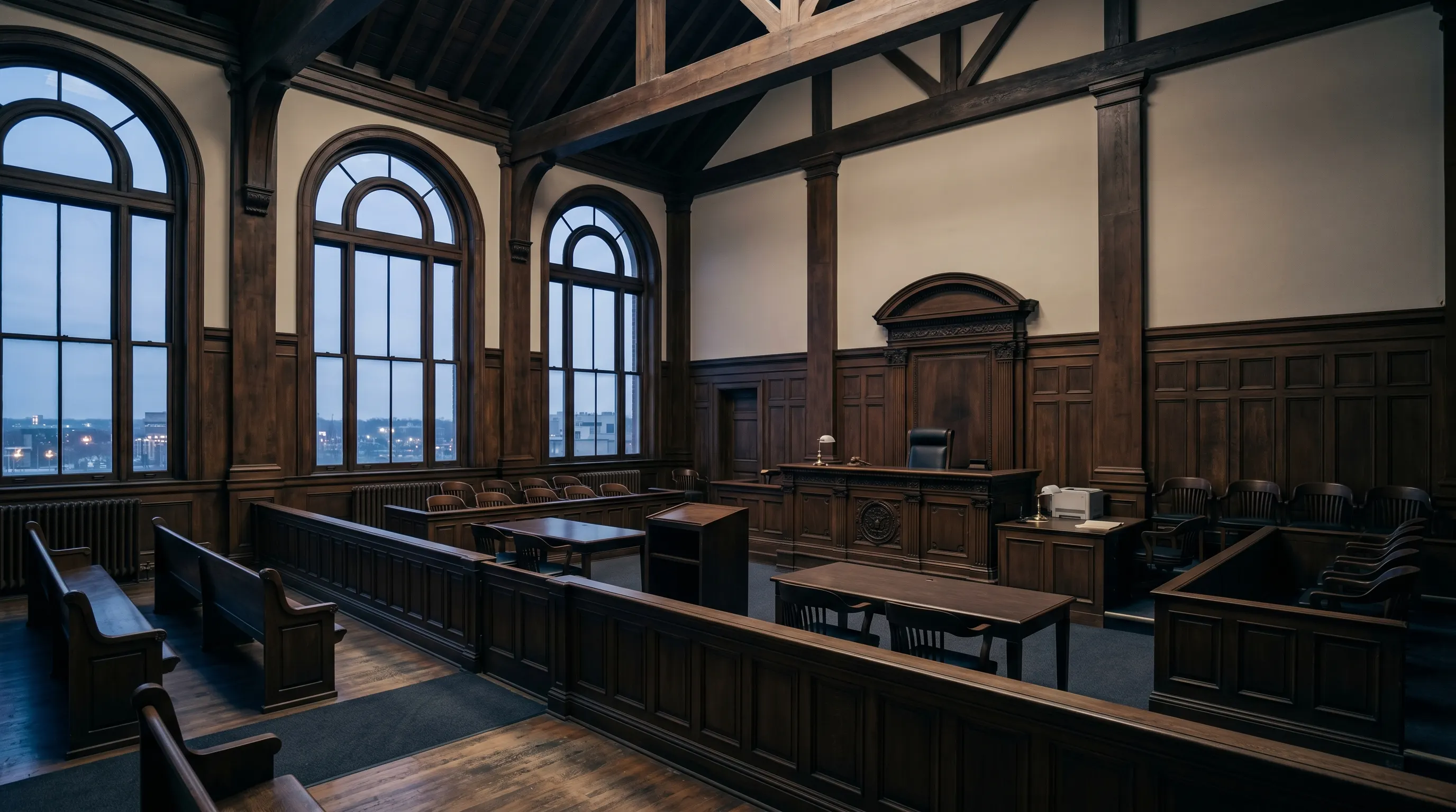 Editorial photograph evoking murder / homicide defense in a Texas courthouse context.