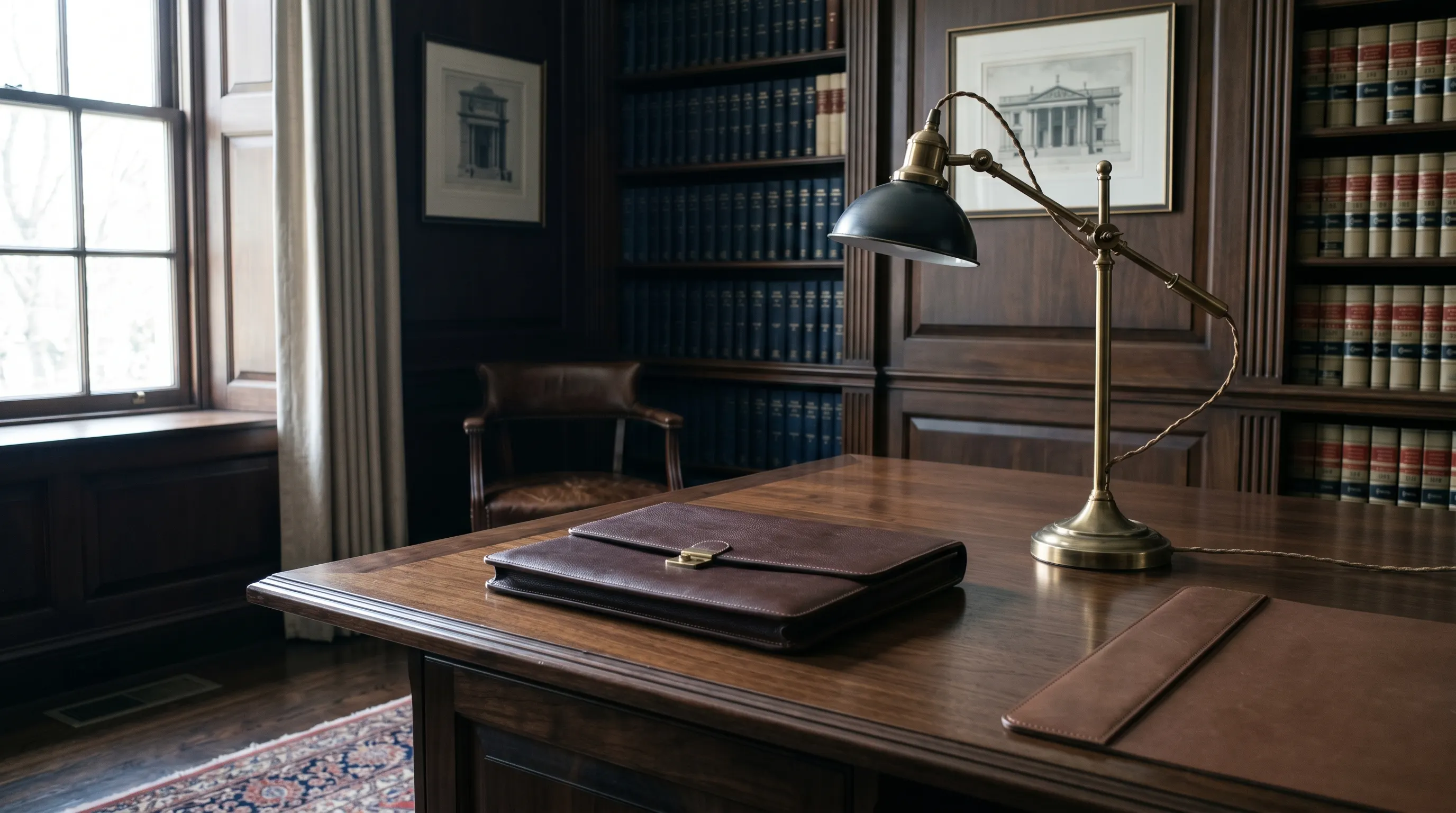 Closed leather portfolio on a polished dark wood desk with a brass desk lamp, classical attorney office still life.