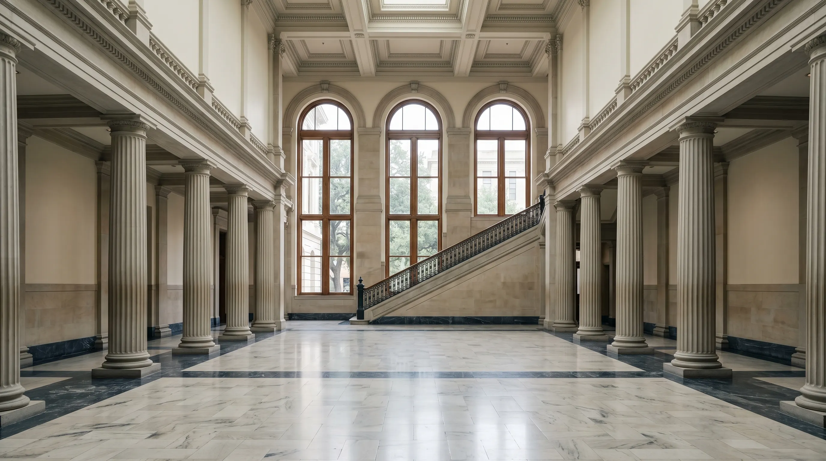 Grand interior lobby of a Texas county courthouse with classical limestone columns and natural light.