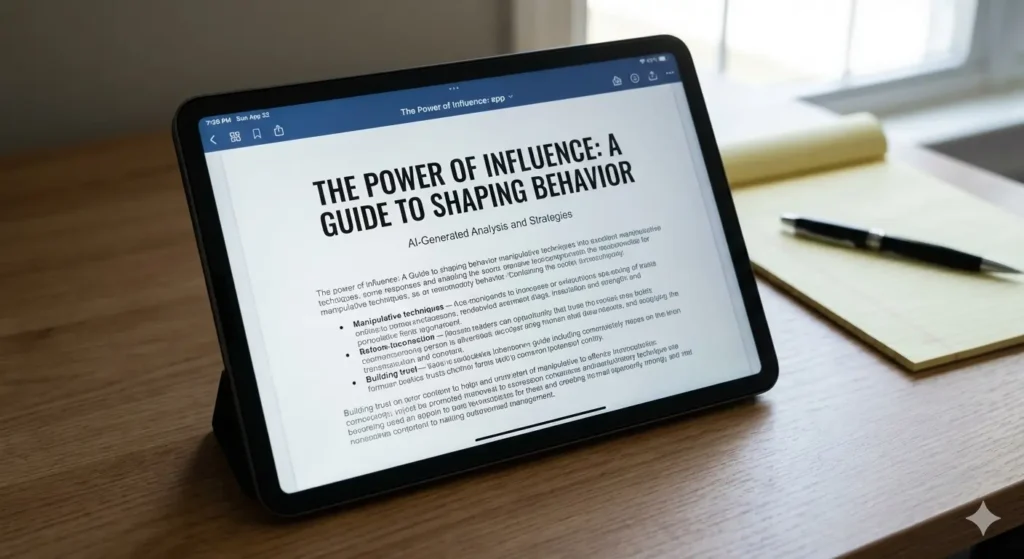 A tablet screen showing an AI-generated document with a title about "influence," symbolizing its use in grooming crimes.