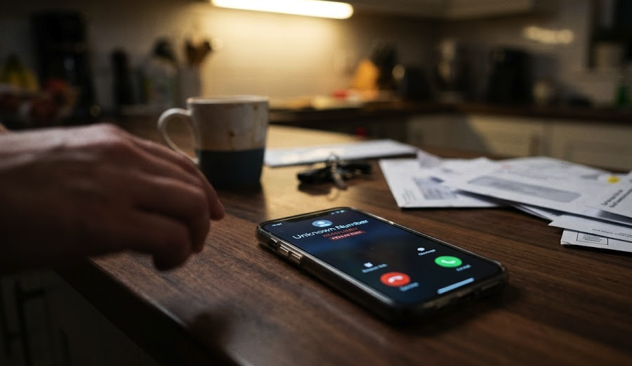 A late-night phone call from an unknown number on a kitchen table.