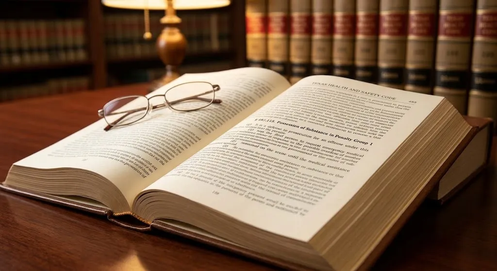 An open law book on a desk with reading glasses, illustrating the Texas Health and Safety Code provisions discussed in this article.