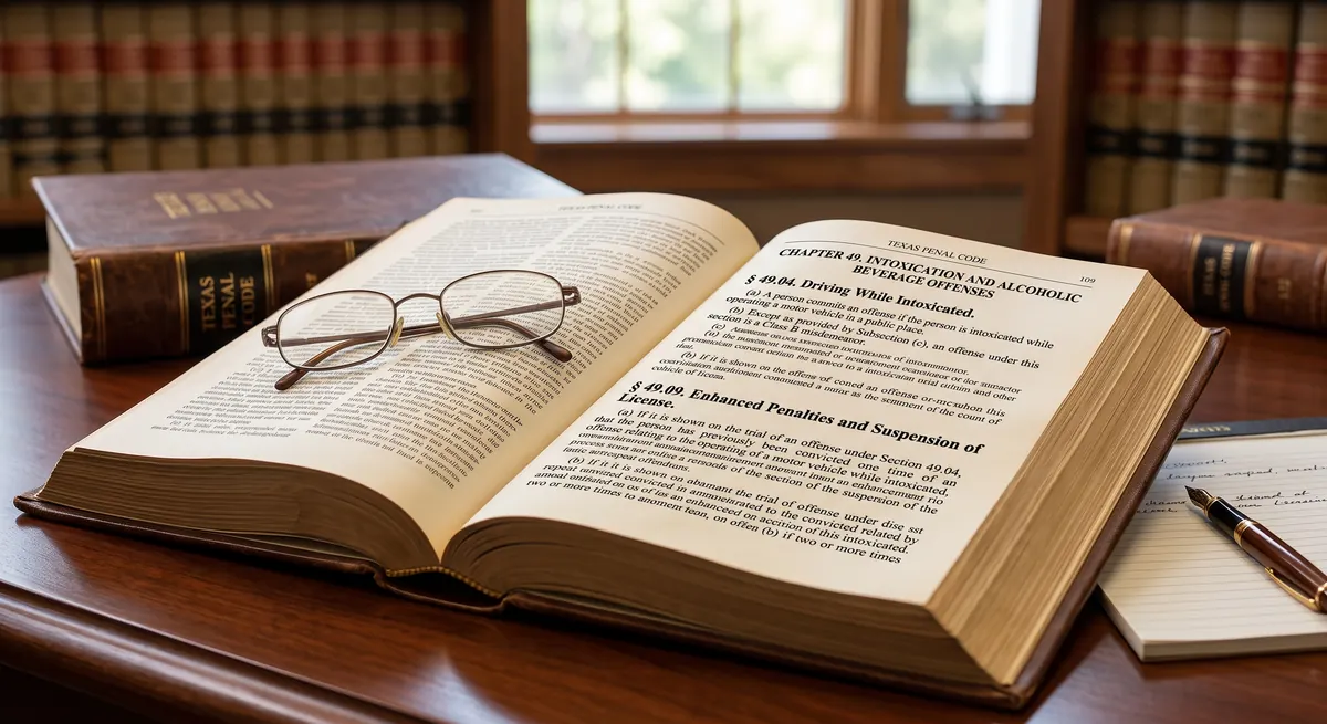 An open law book with reading glasses on a desk, illustrating the Texas Penal Code DWI provisions discussed in this article.